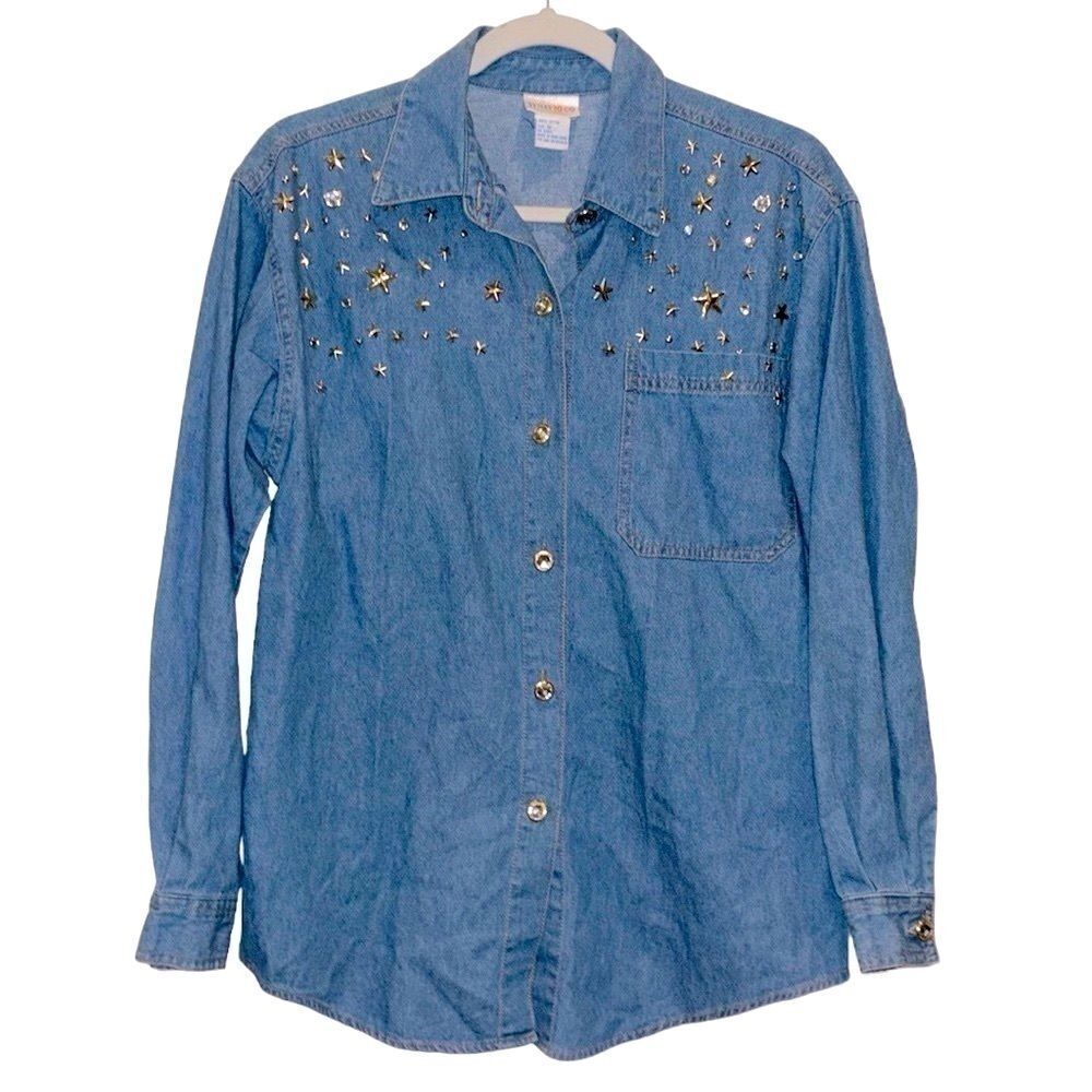 Vintage Styles To Go Studded Star Rhinestone Embellished Button Down Jean Shirt 